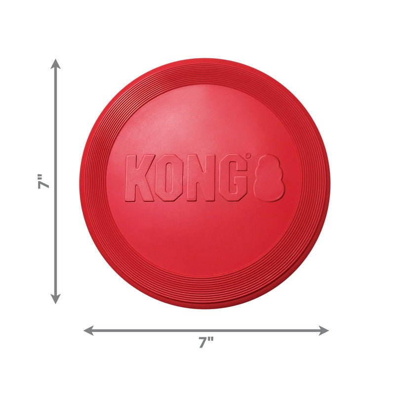The KONG Flyer dog toy in size small is 7 inches in diameter. It comes in classic red.