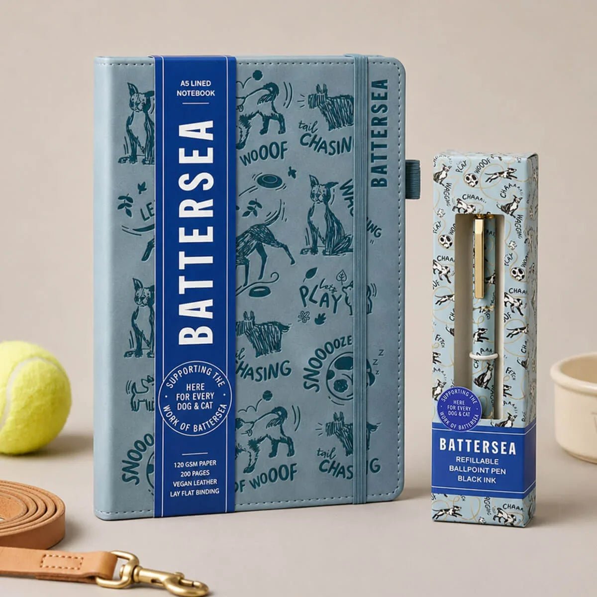 Luxury Battersea-branded notebook and matching pen, both with dog designs. Perfect gifts for Christmas, birthdays, and more.