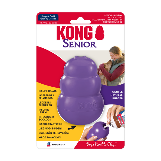 The KONG Senior treat toy for dogs is suitable for older dogs. It's available in one colour - purple - and in small, medium, and large.